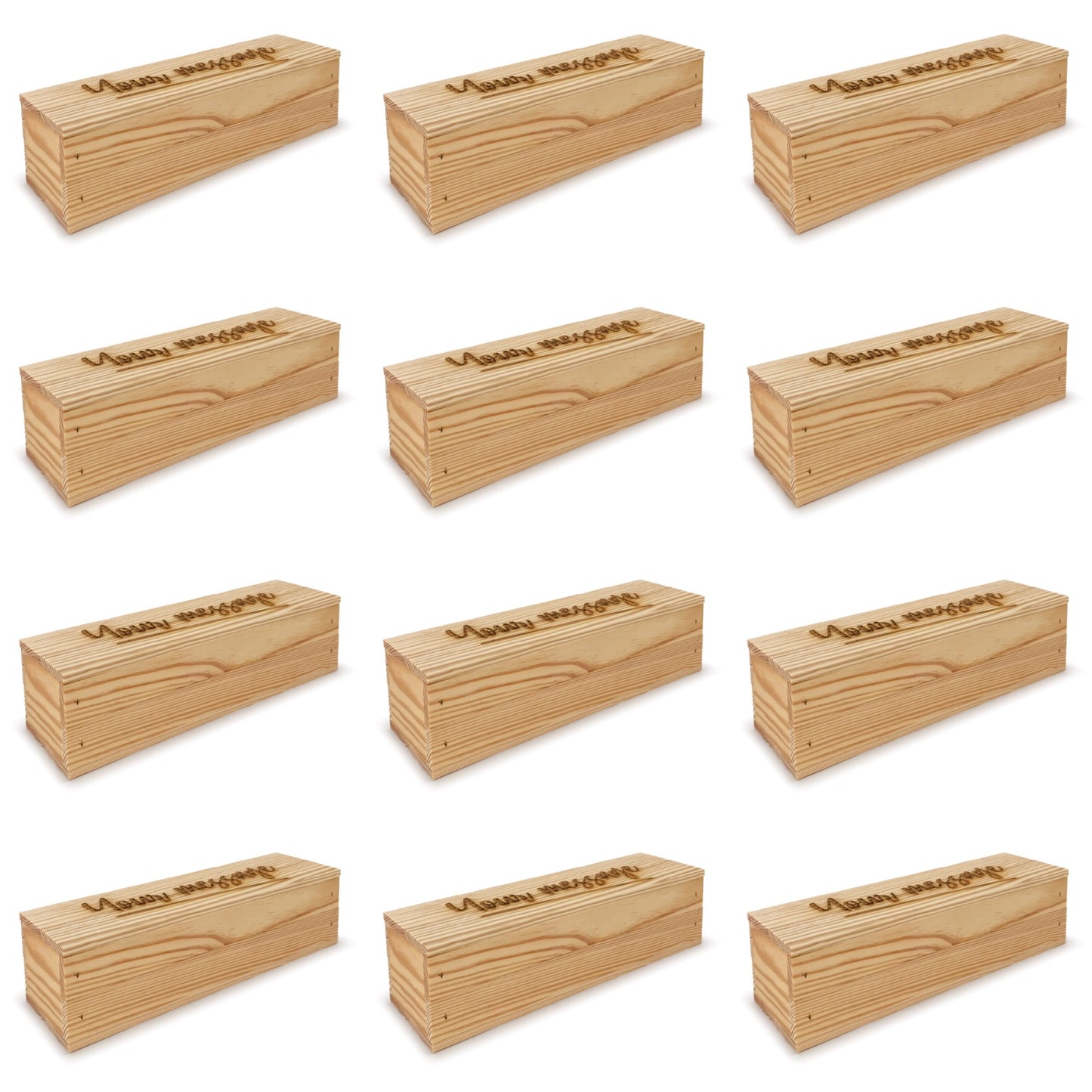 12 Single bottle wine crates with lid and custom message 13x3.5x3.5