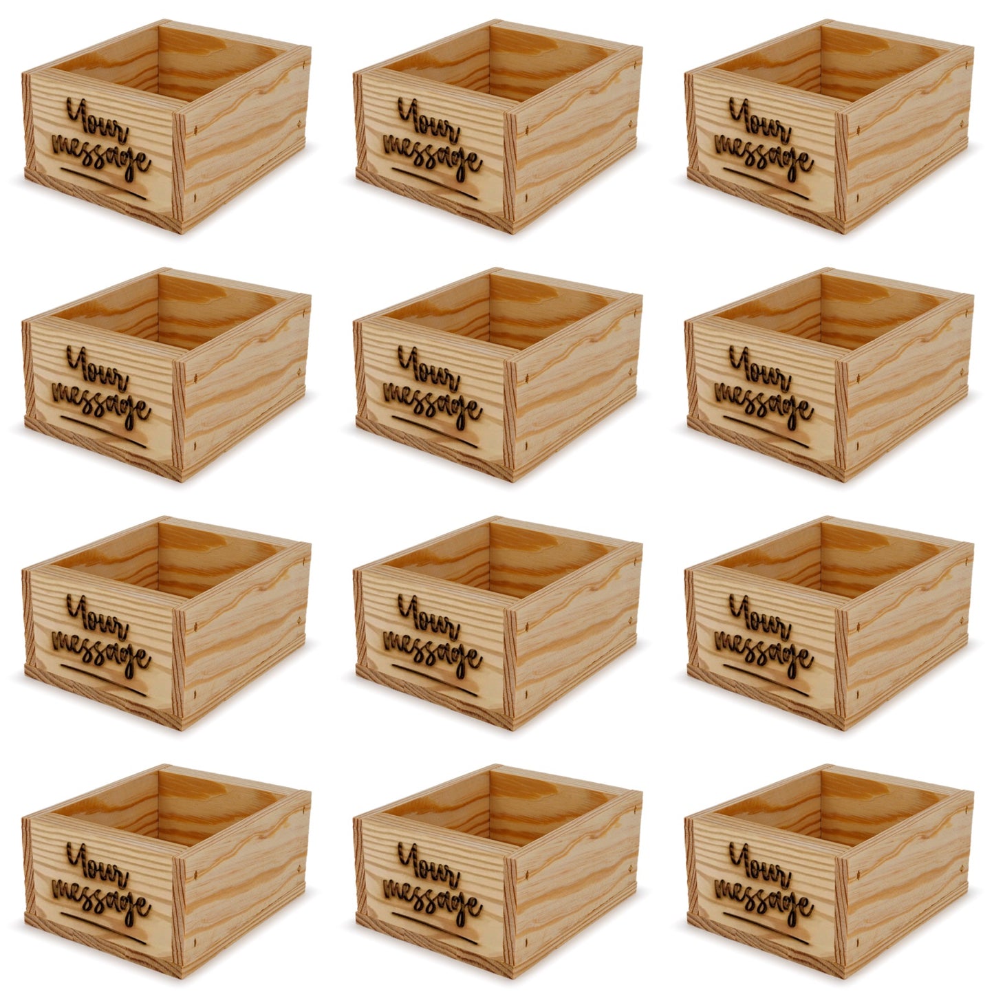 12 Small wooden crates with custom message 5x4.5x2.75