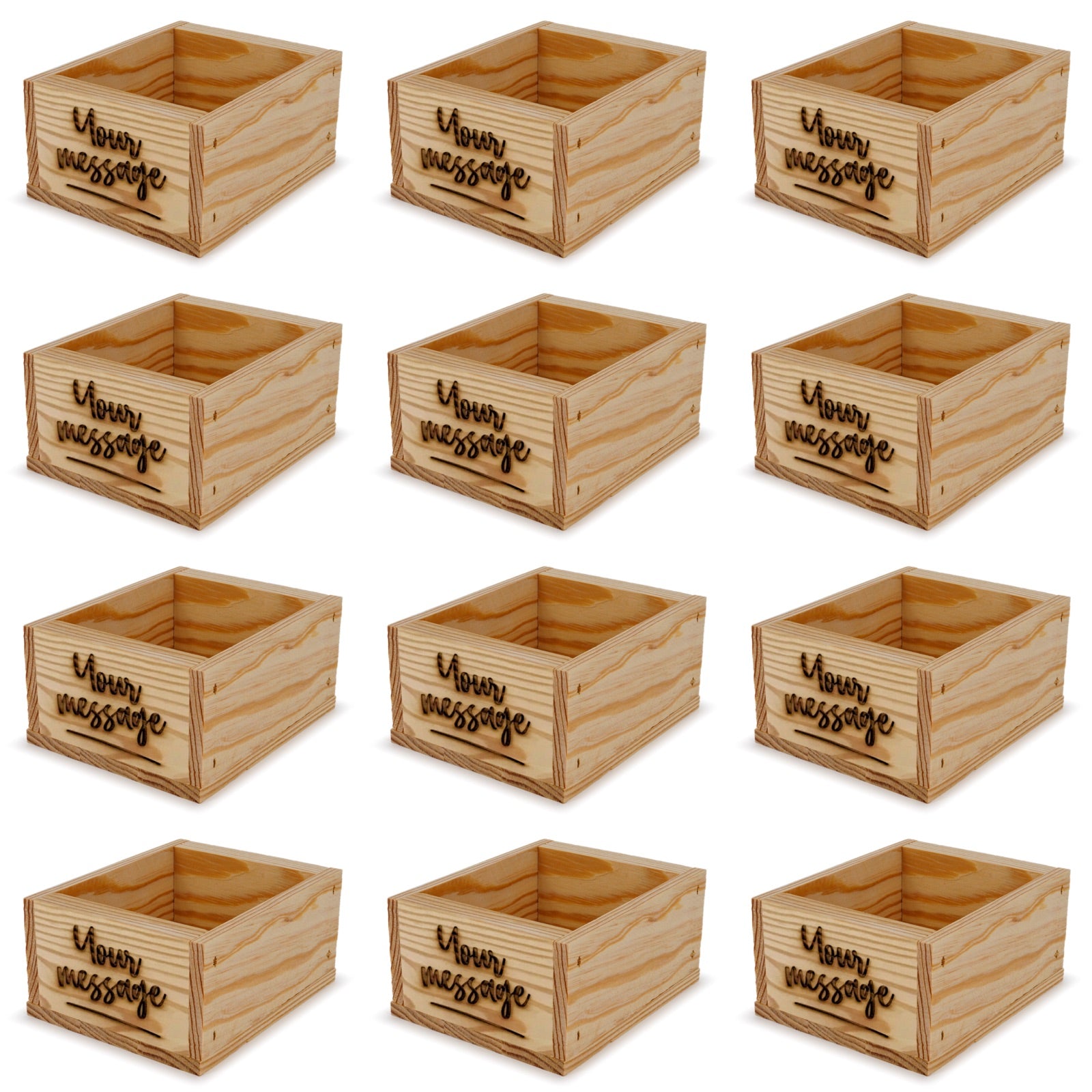 12 Small wooden crates with custom message 5x4.5x2.75