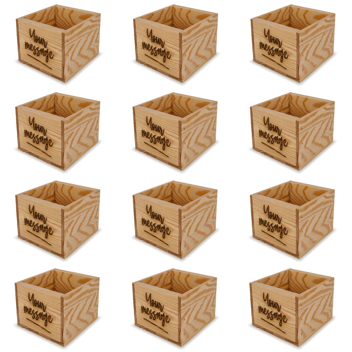 12 Small wooden crates with custom message 6x6.25x5.25