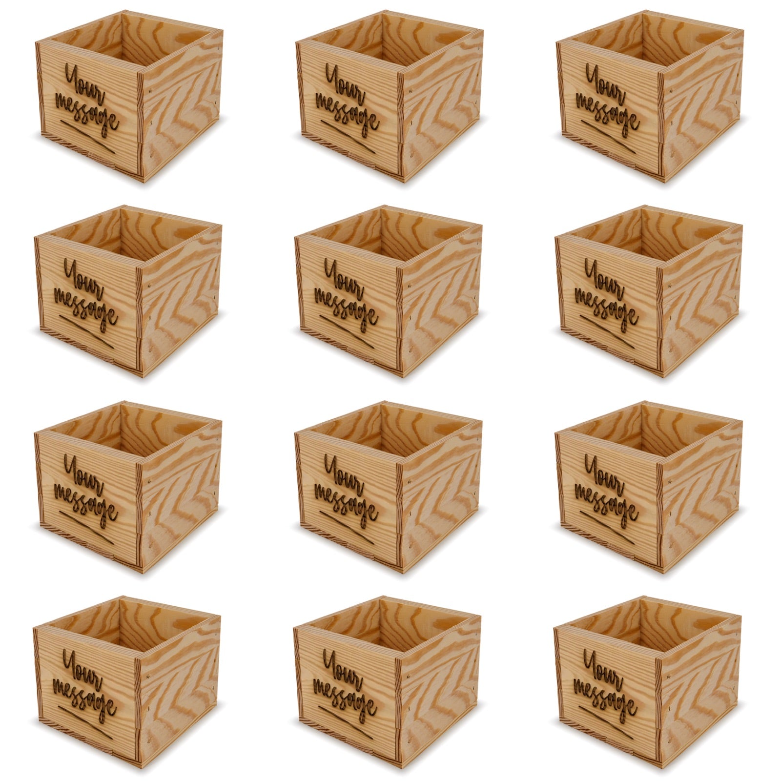 12 Small wooden crates with custom message 6x6.25x5.25