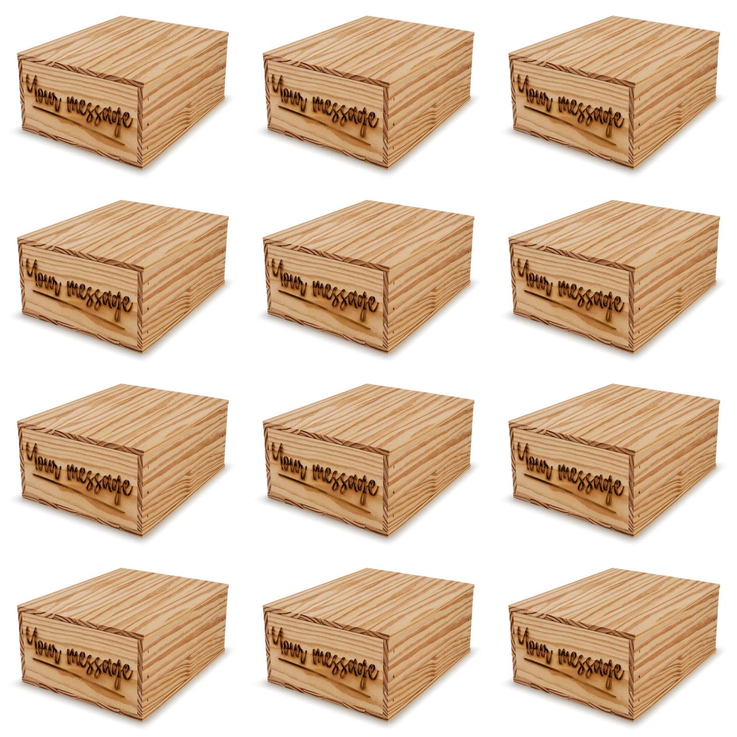 12 Small wooden crates with lid and custom message 9x8x3.5