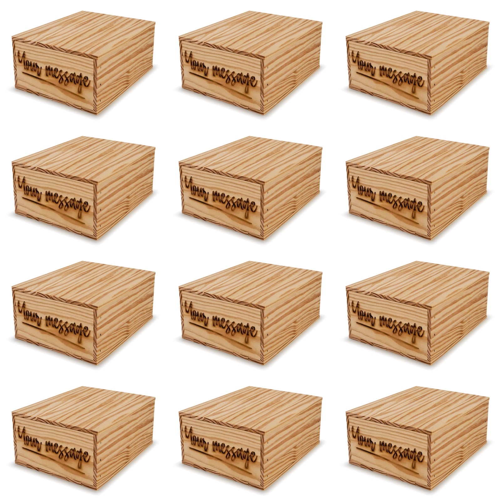 12 Small wooden crates with lid and custom message 9x8x3.5