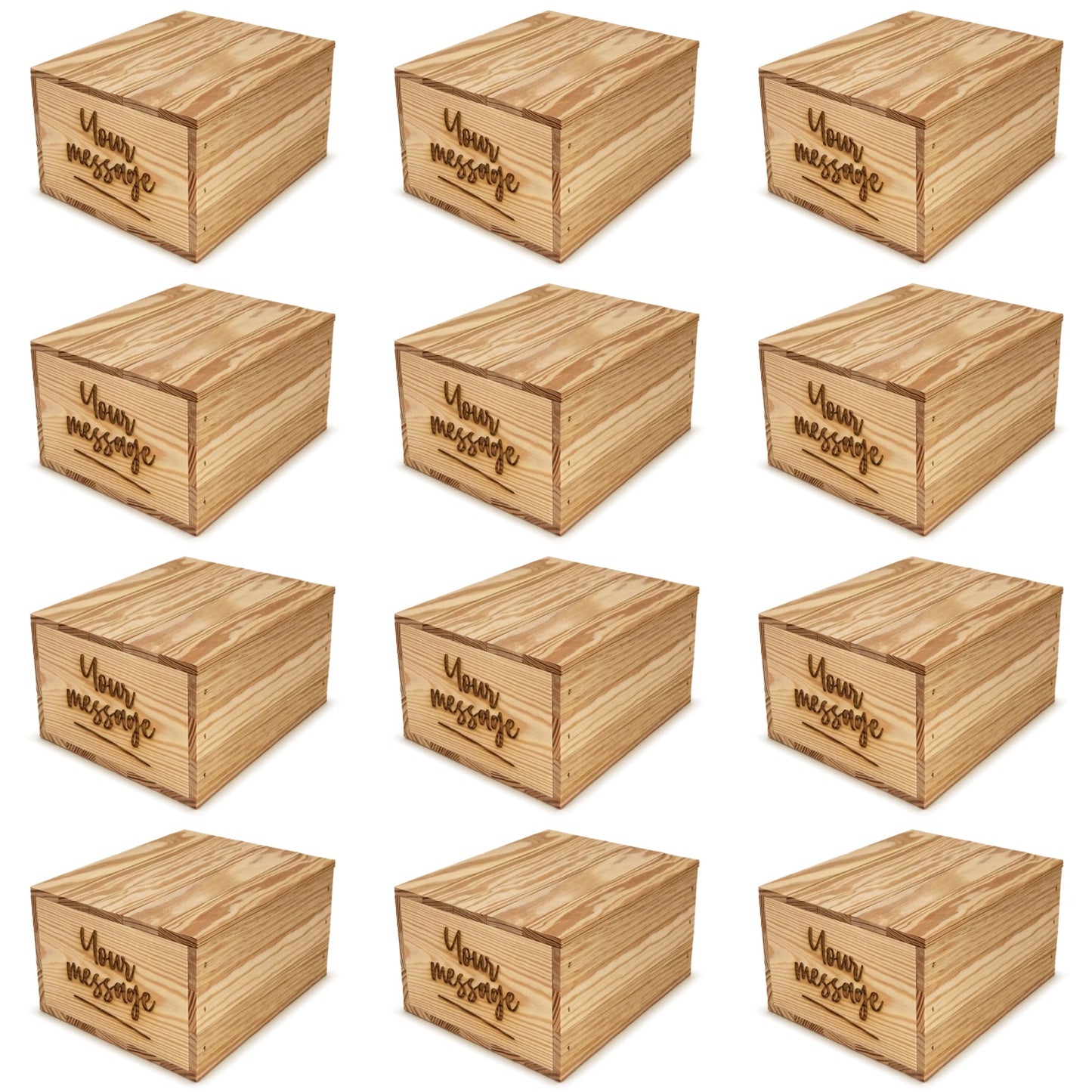 12 small wooden crates with lid and custom message on the end 9x8x5.25