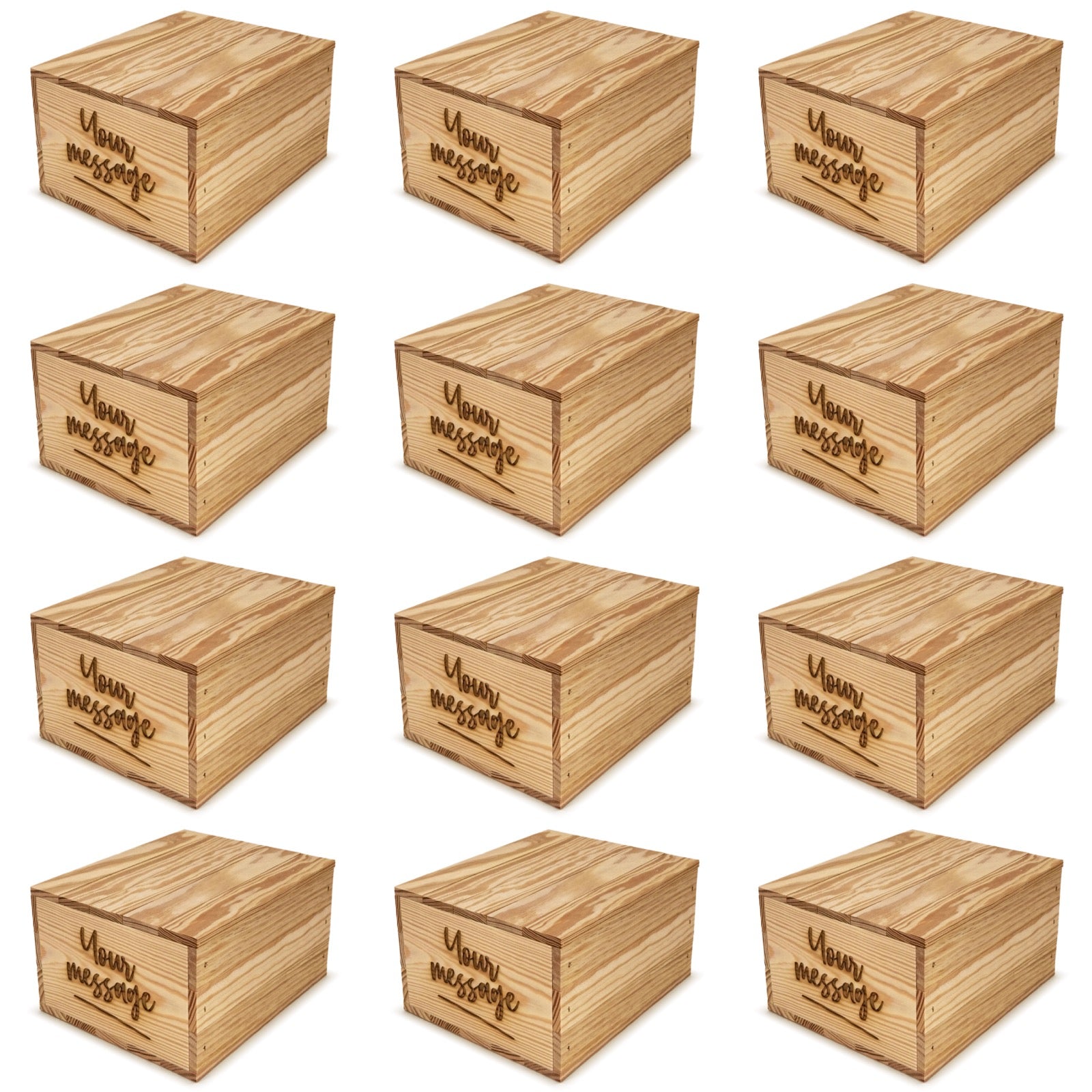 12 small wooden crates with lid and custom message on the end 9x8x5.25