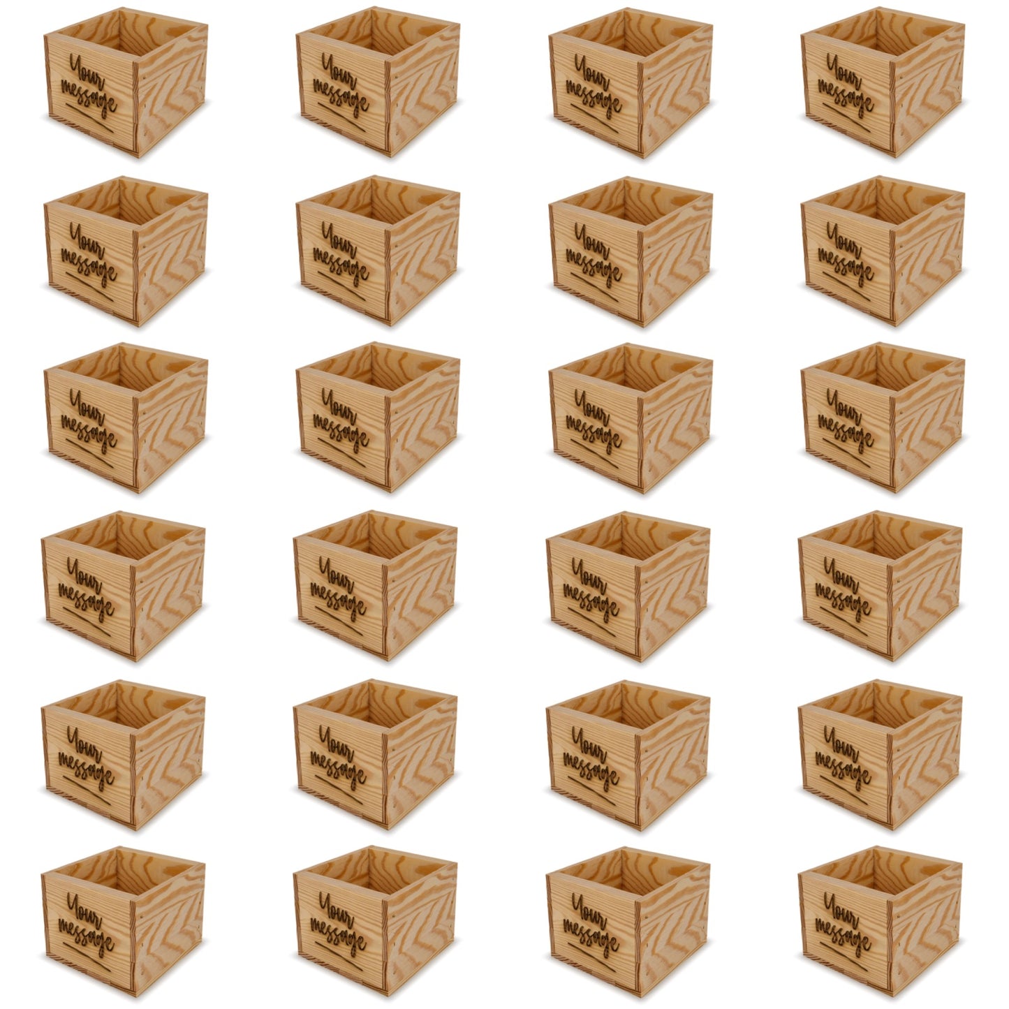 24 Small wooden crates with custom message 6x6.25x5.25