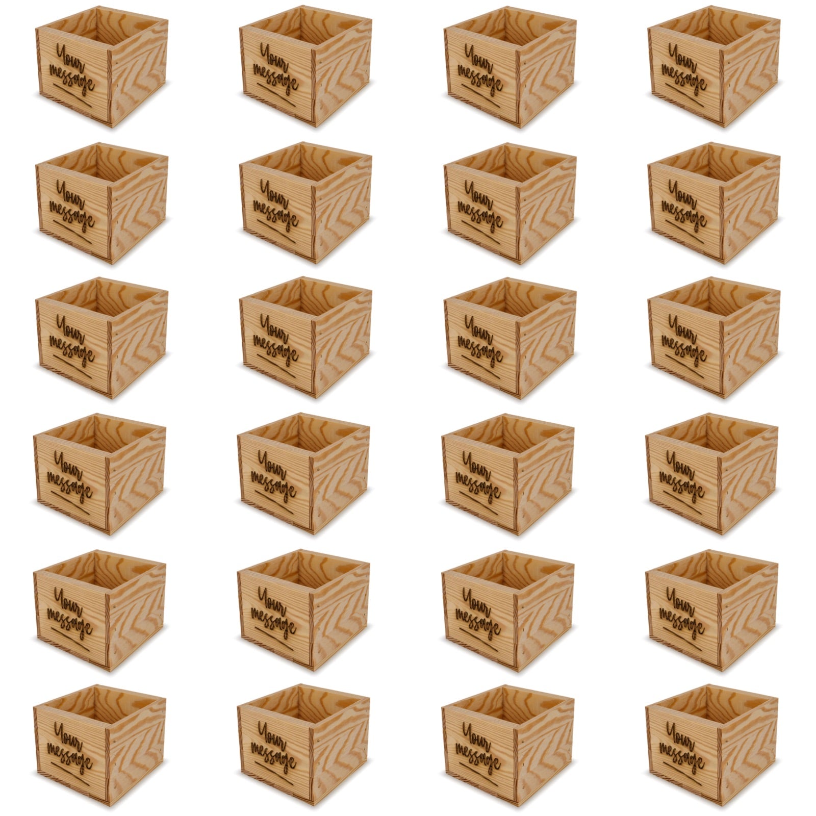 24 Small wooden crates with custom message 6x6.25x5.25