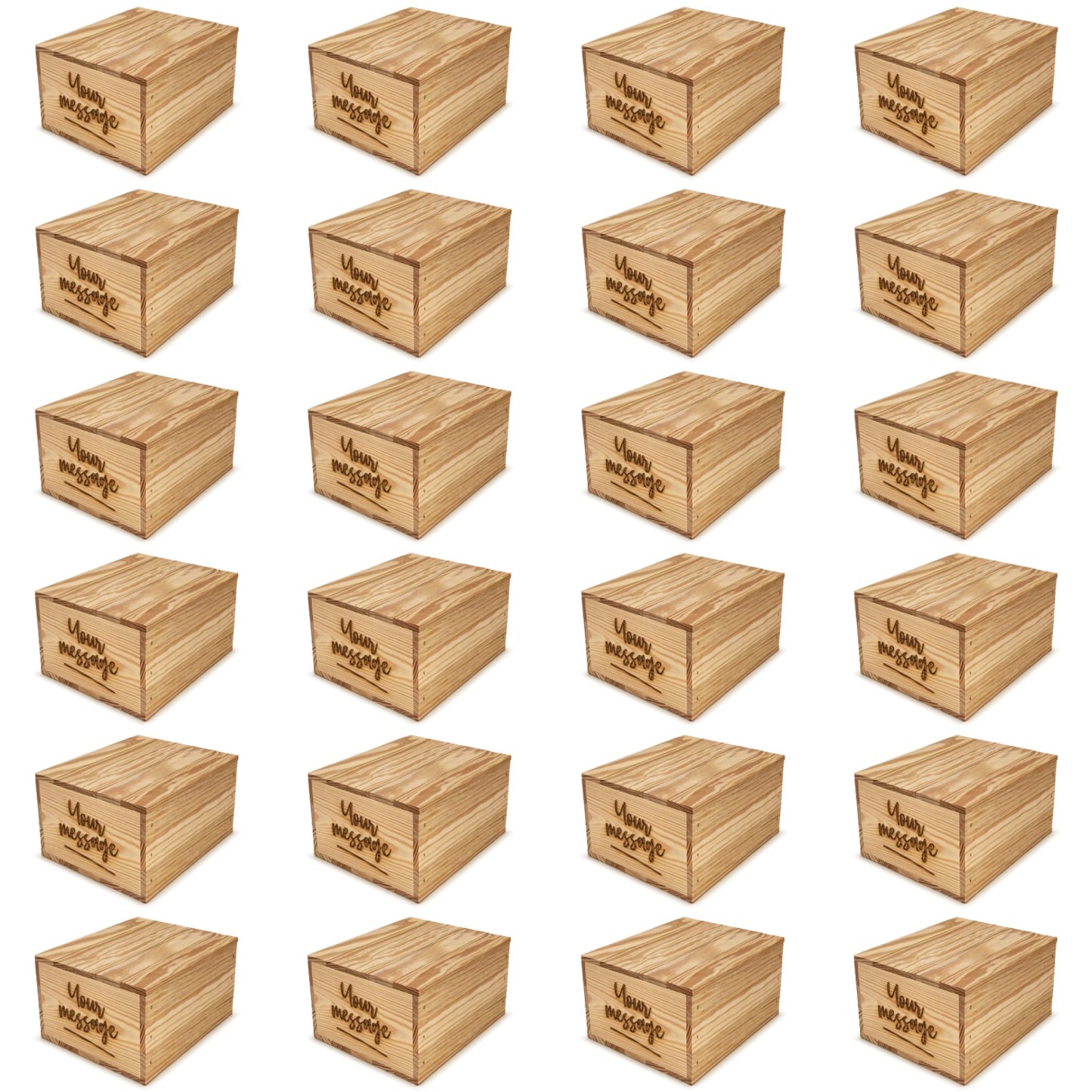 24 small wooden crates with lid and custom message on the end 9x8x5.25