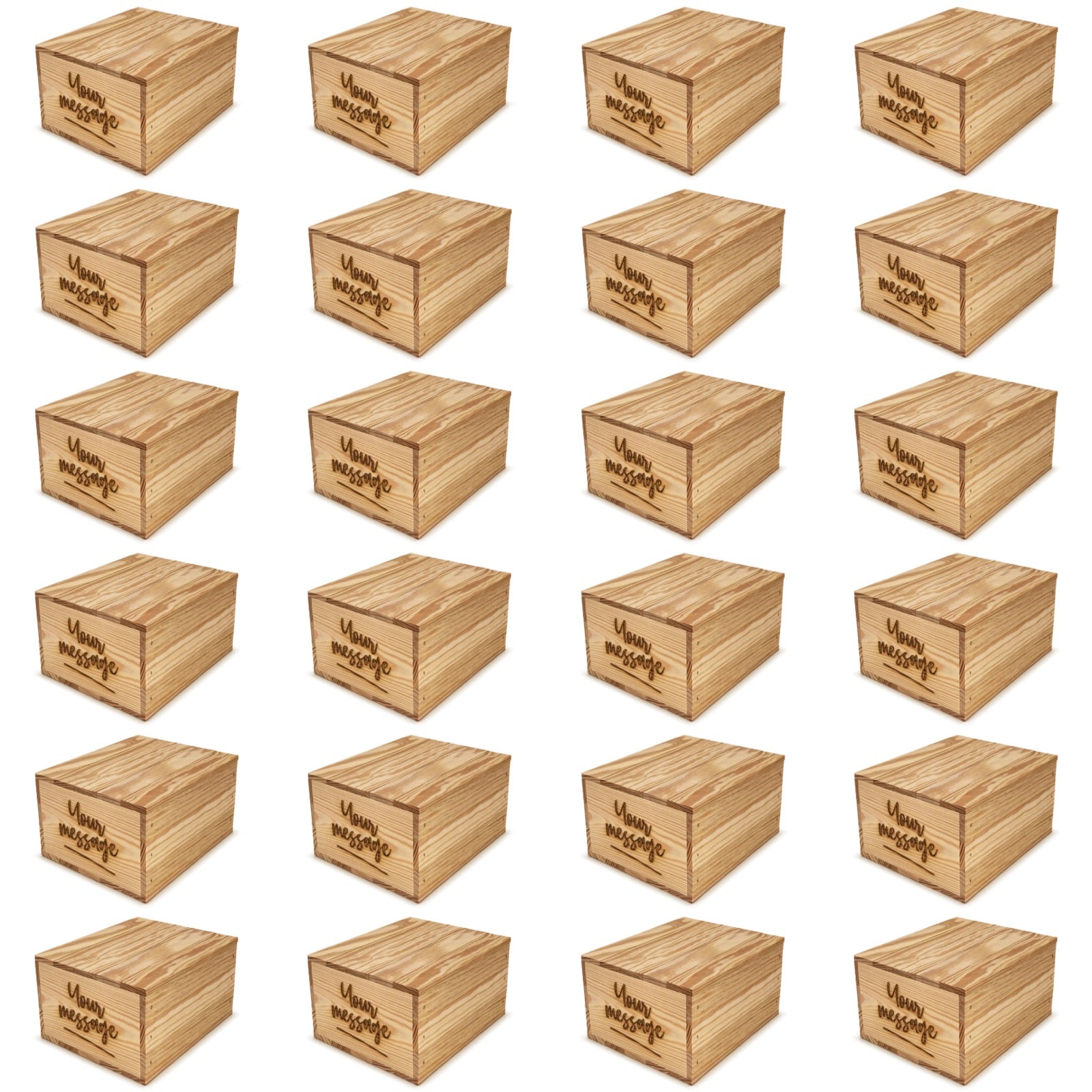 24 small wooden crates with lid and custom message on the end 9x8x5.25