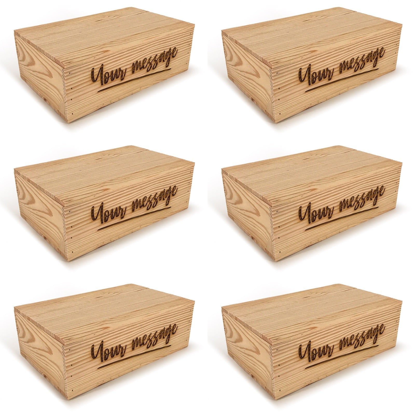 6 Two Bottle Wine Crate Boxes with Lid and Custom Message 14x9x4.5