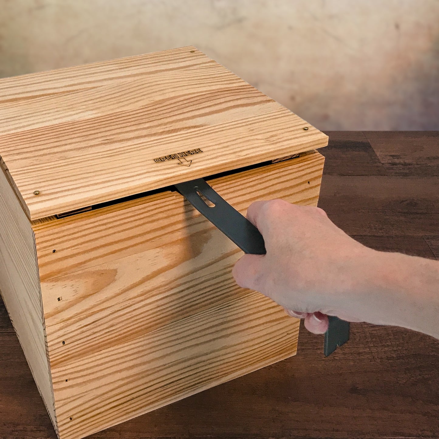 DIY gift crate from Carpenter Core being opened with the included crowbar, GK-8.25-8.75-8.75-NX-NW-LL, 6-GK-8.25-8.75-8.75-NX-NW-LL, 12-GK-8.25-8.75-8.75-NX-NW-LL, 24-GK-8.25-8.75-8.75-NX-NW-LL, 48-GK-8.25-8.75-8.75-NX-NW-LL, 96-GK-8.25-8.75-8.75-NX-NW-LL