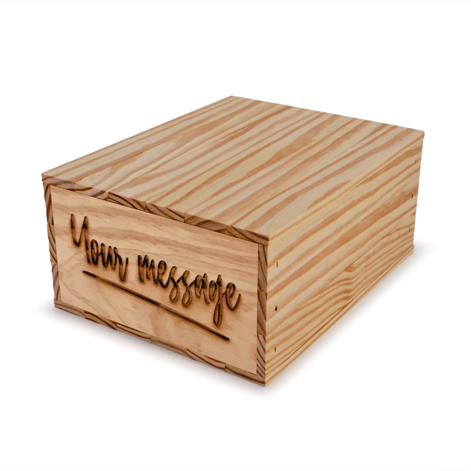 Small wooden crate with lid and custom message 12x9.75x5.25, 6-BX-12-9.75-5.25-ST-NW-LL, 12-BX-12-9.75-5.25-ST-NW-LL, 24-BX-12-9.75-5.25-ST-NW-LL, 48-BX-12-9.75-5.25-ST-NW-LL, 96-BX-12-9.75-5.25-ST-NW-LL