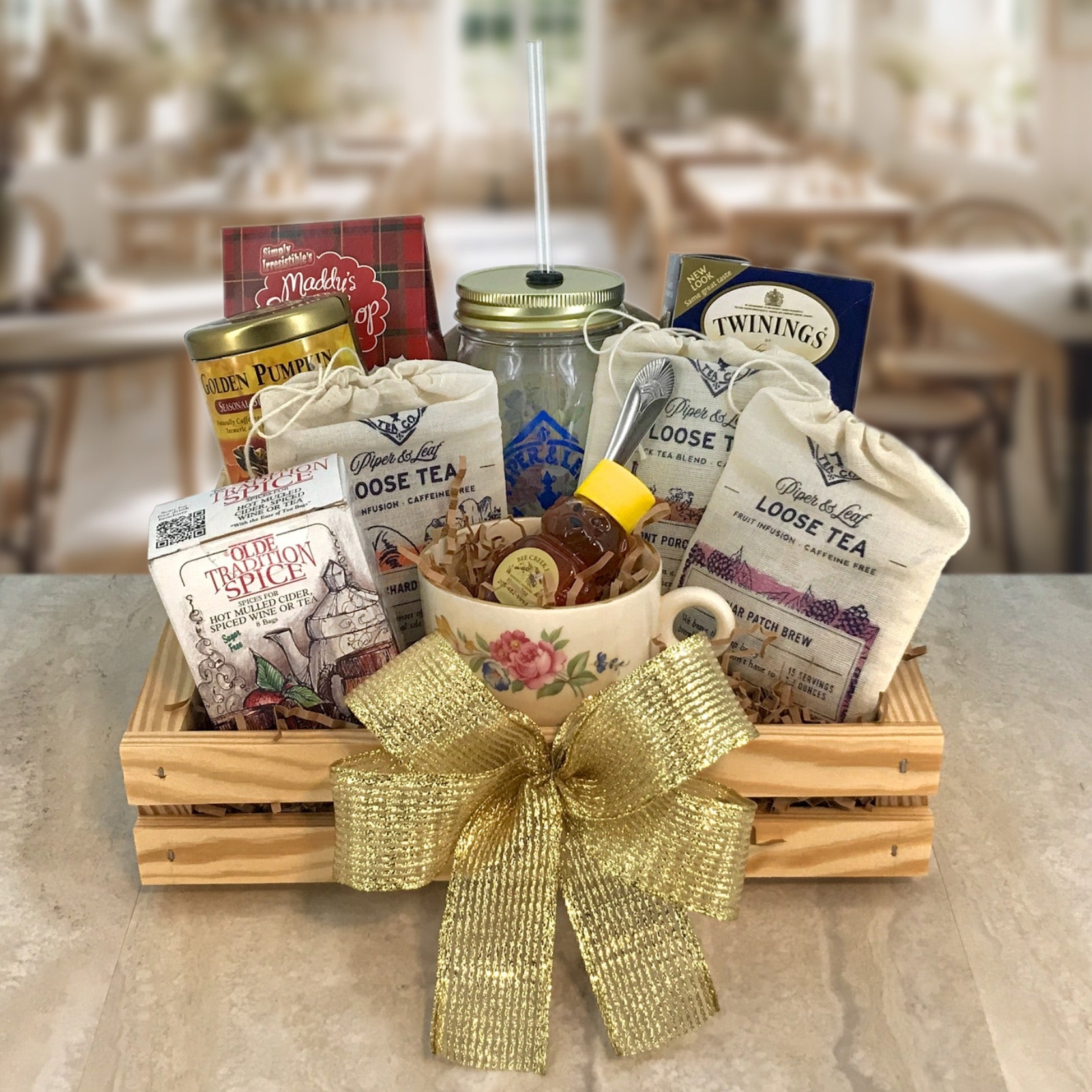 Tea gift basket in a wood crate by Carpenter Core