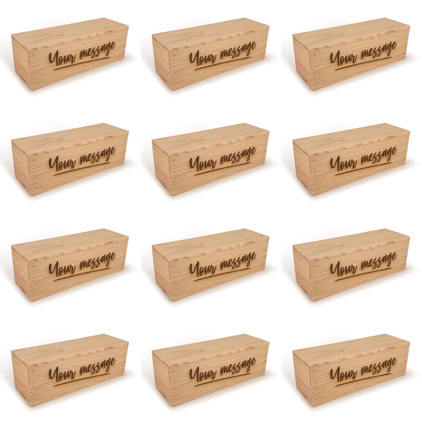 12 Single Bottle Wine Crate Box with Lid and Custom Message 14x4.5x4.5, 6-WB-14-4.5-4.5-ST-NW-LL,  12-WB-14-4.5-4.5-ST-NW-LL,  24-WB-14-4.5-4.5-ST-NW-LL,  48-WB-14-4.5-4.5-ST-NW-LL,  96-WB-14-4.5-4.5-ST-NW-LL