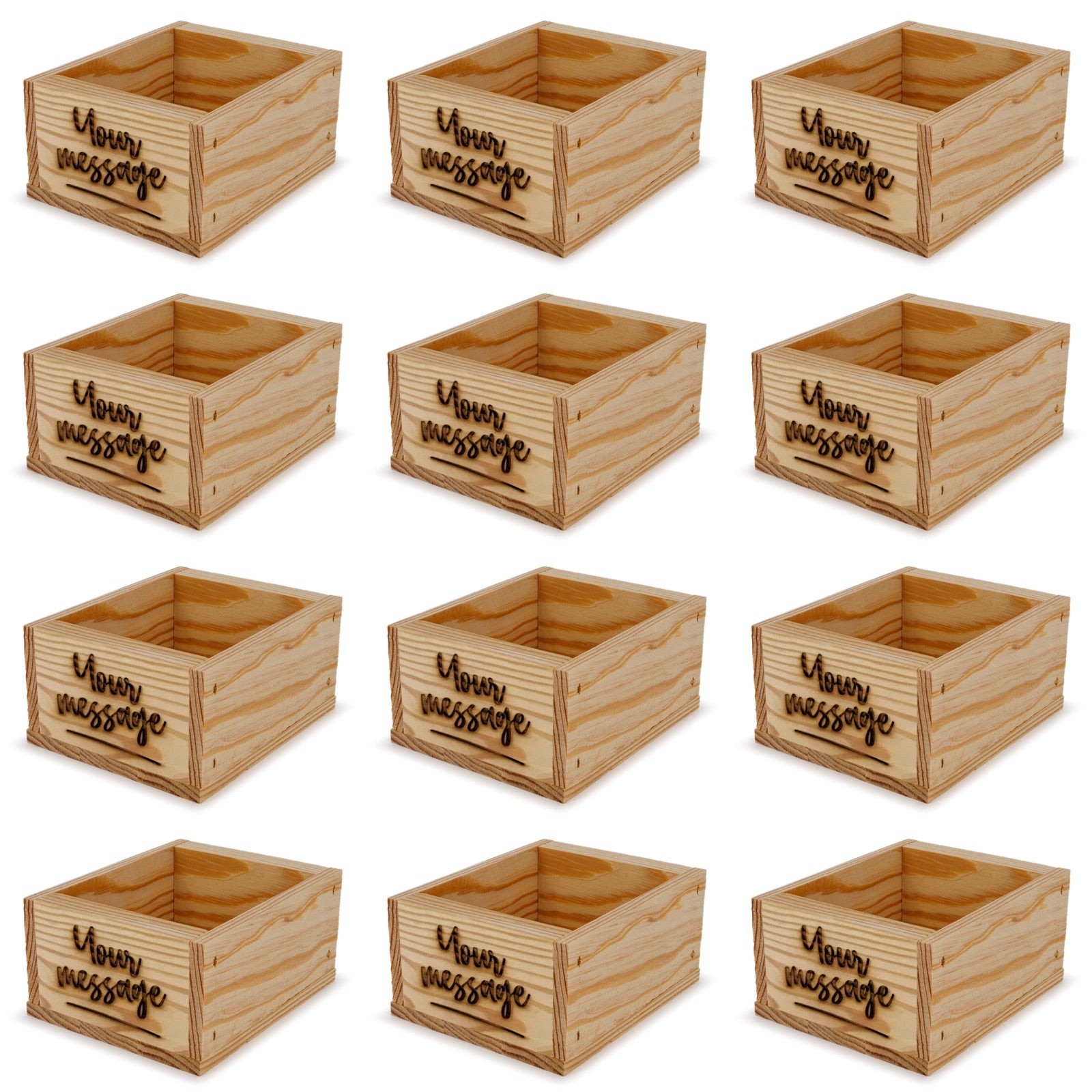 12 Small wooden crates with custom message 5x4.5x2.75