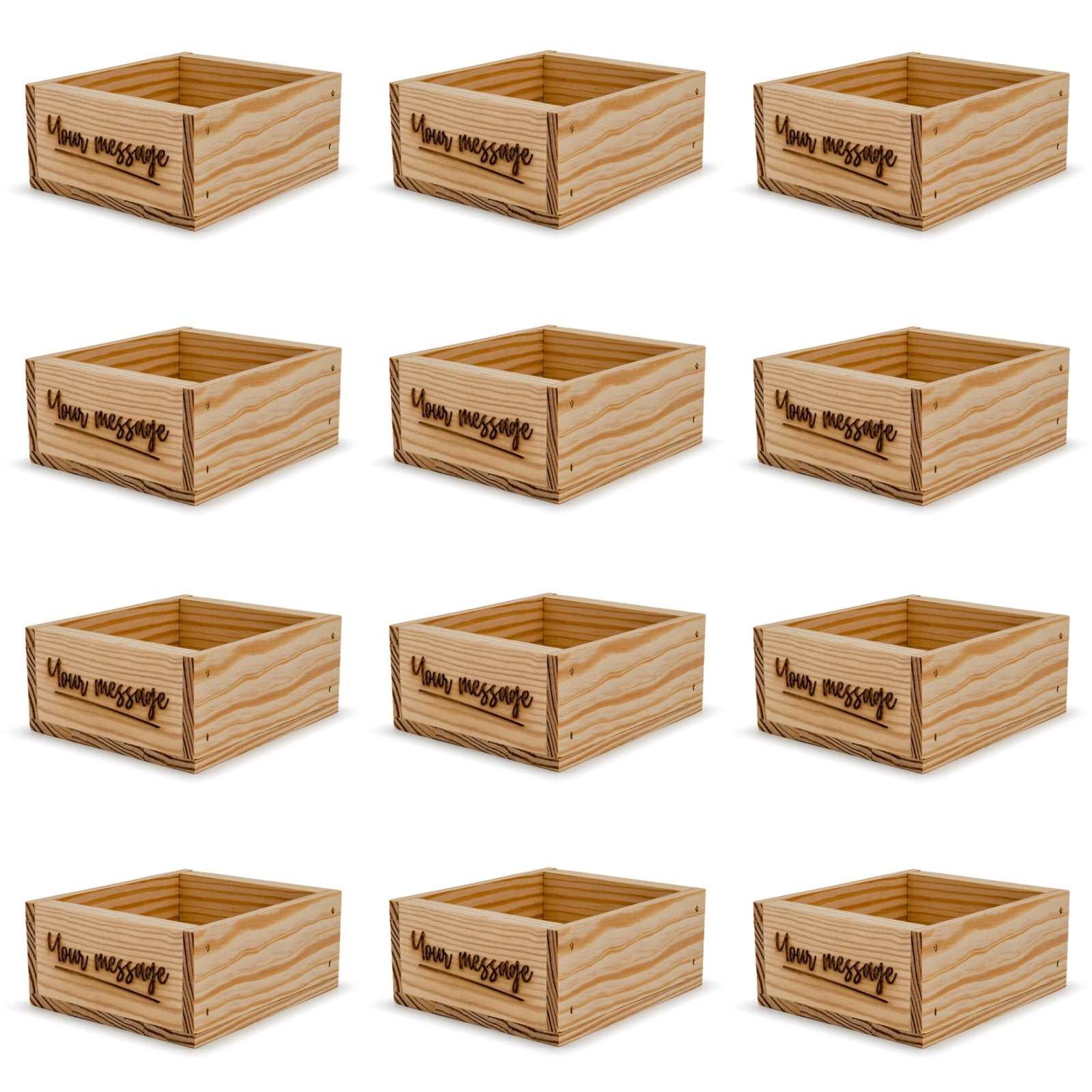 12 Small wooden crates with custom message 6x5.5x2.75