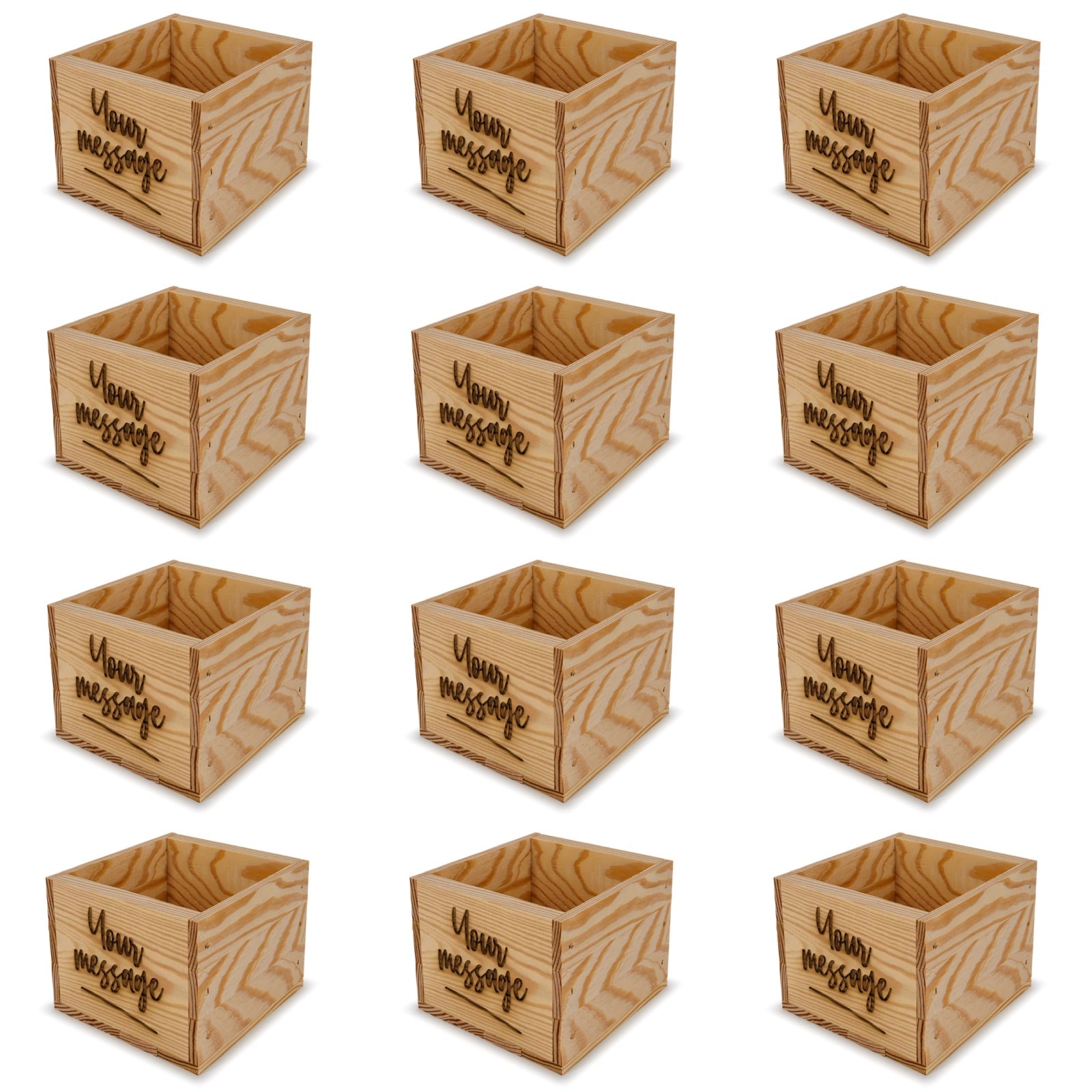 12 Small wooden crates with custom message 6x6.25x5.25