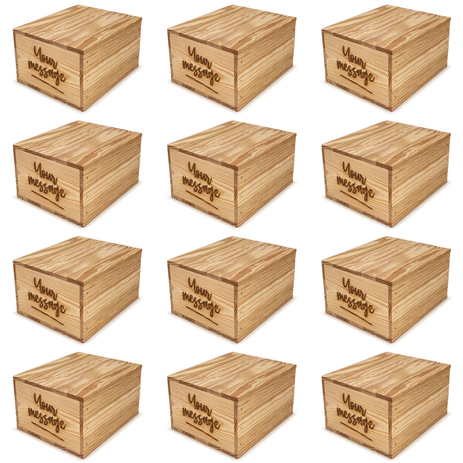 12 small wooden crates with lid and custom message on the end 9x8x5.25