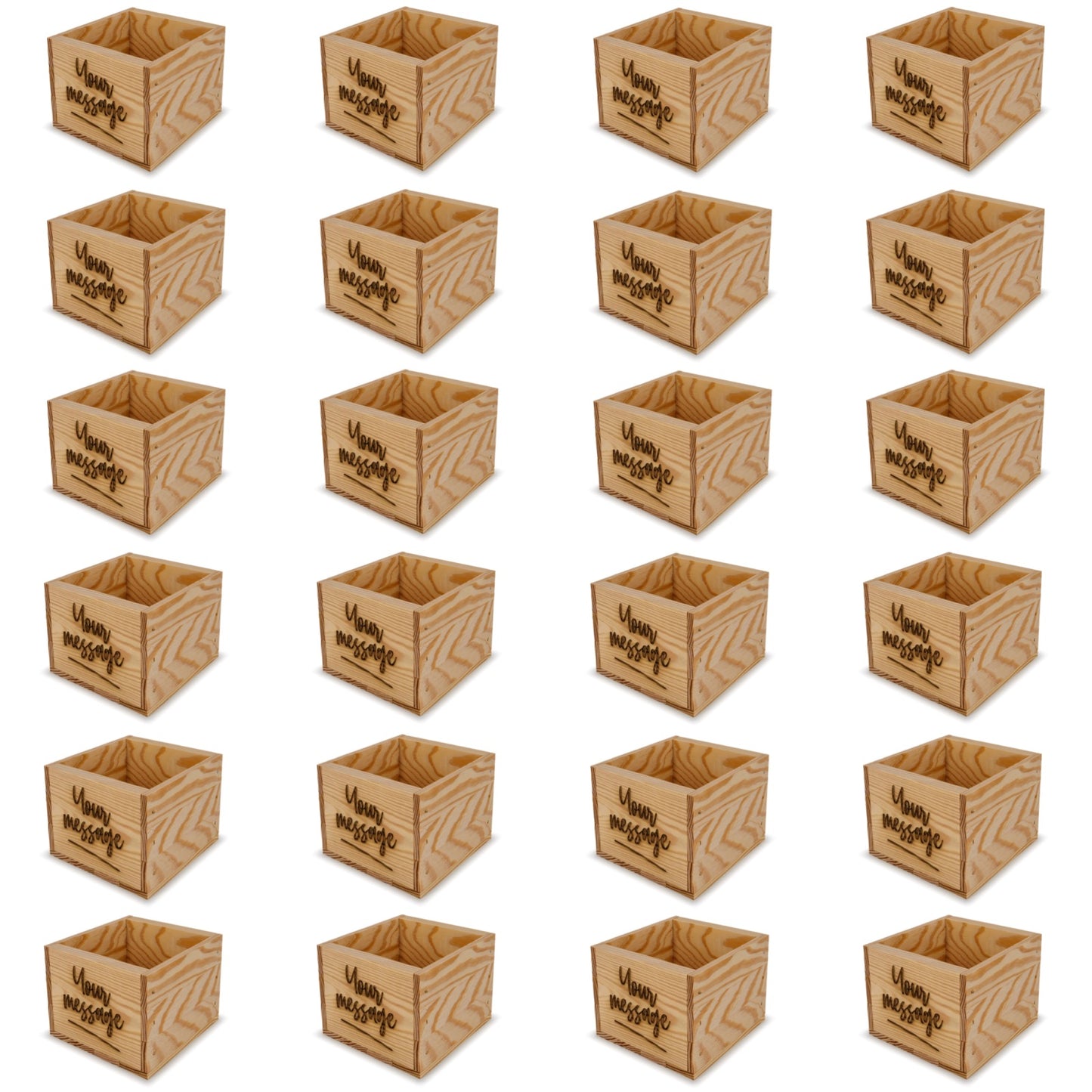 24 Small wooden crates with custom message 6x6.25x5.25