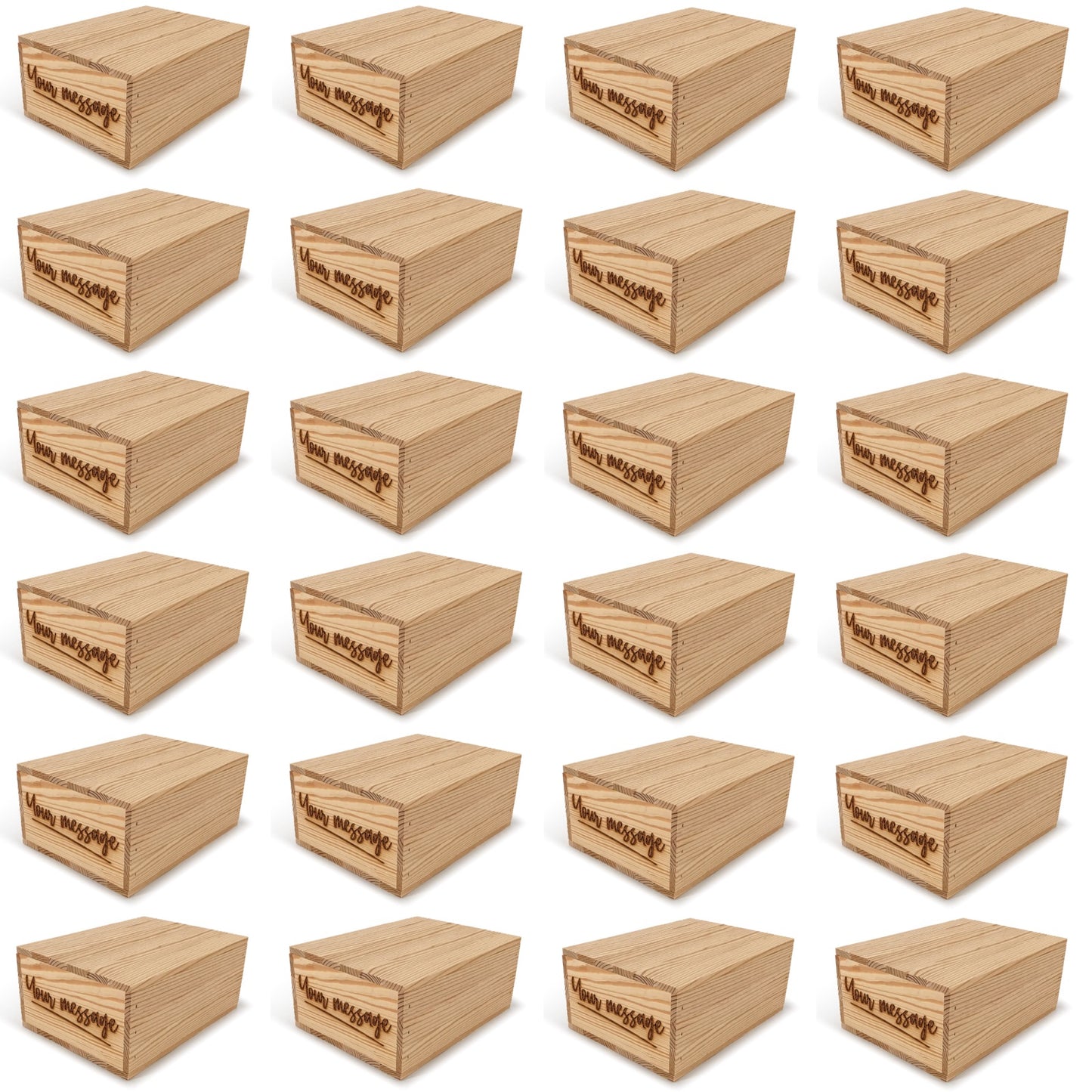 24 Small wooden crates with lid and custom message 10x8x4.25