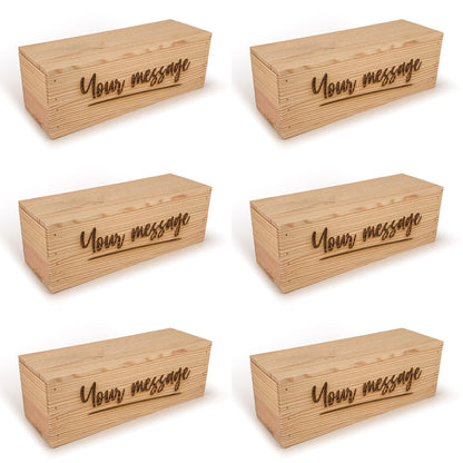 6 Single Bottle Wine Crate Box with Lid and Custom Message 14x4.5x4.5, 6-WB-14-4.5-4.5-ST-NW-LL,  12-WB-14-4.5-4.5-ST-NW-LL,  24-WB-14-4.5-4.5-ST-NW-LL,  48-WB-14-4.5-4.5-ST-NW-LL,  96-WB-14-4.5-4.5-ST-NW-LL