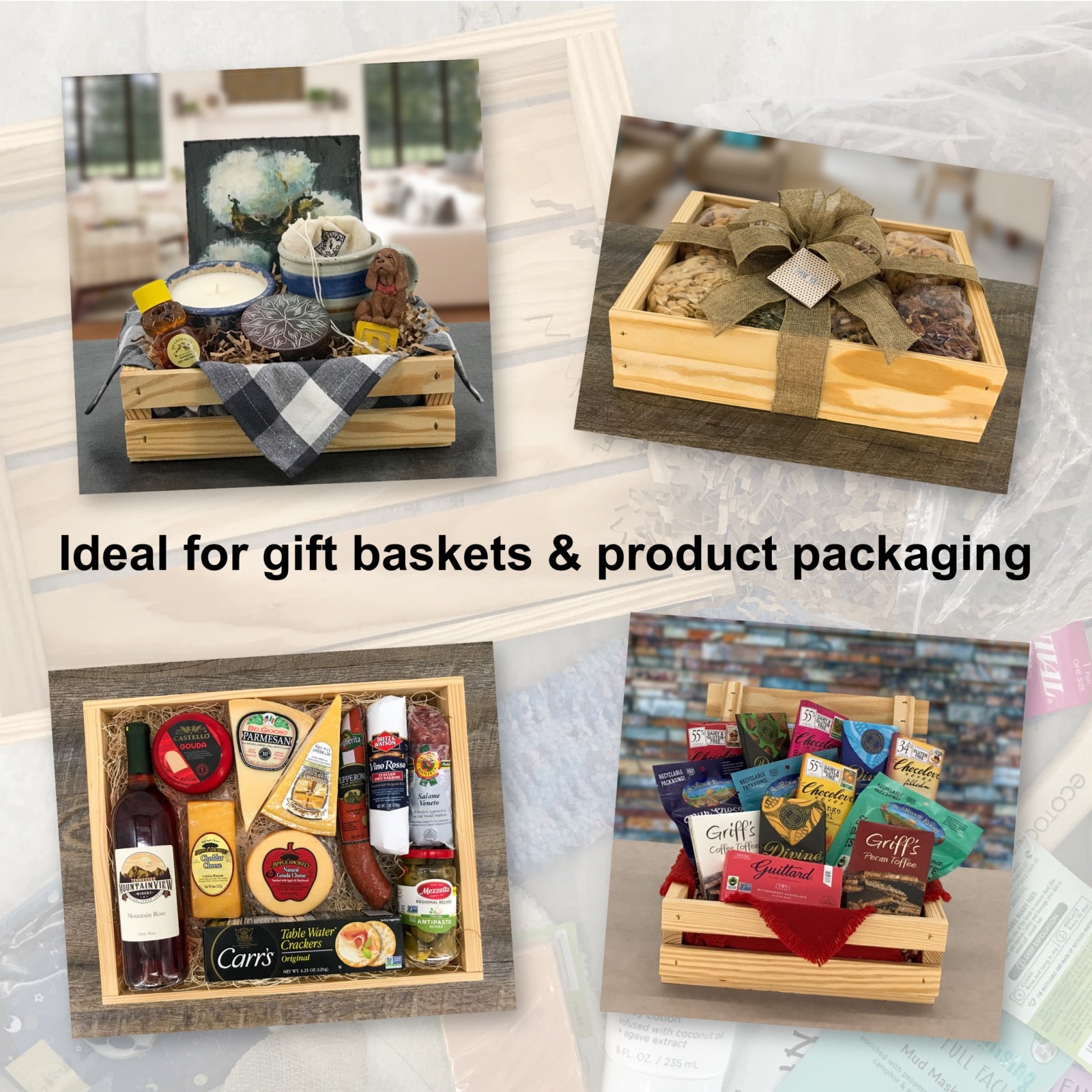 Crates by Carpenter Core are ideal for gift baskets and product packaging