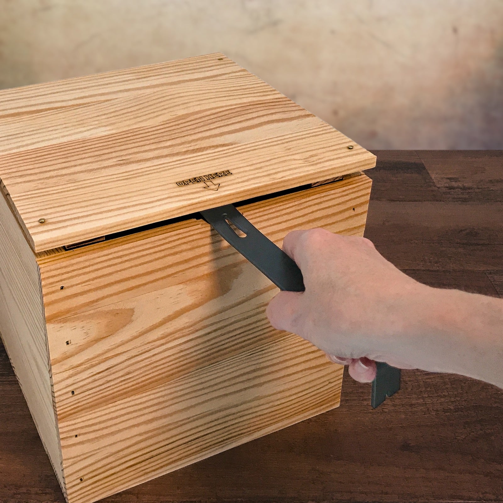 DIY gift crate from Carpenter Core being opened with the included crowbar, GK-6.25-6.375-7-NX-NW-LL, 6-GK-6.25-6.375-7-NX-NW-LL, 12-GK-6.25-6.375-7-NX-NW-LL, 24-GK-6.25-6.375-7-NX-NW-LL, 48-GK-6.25-6.375-7-NX-NW-LL, 96-GK-6.25-6.375-7-NX-NW-LL