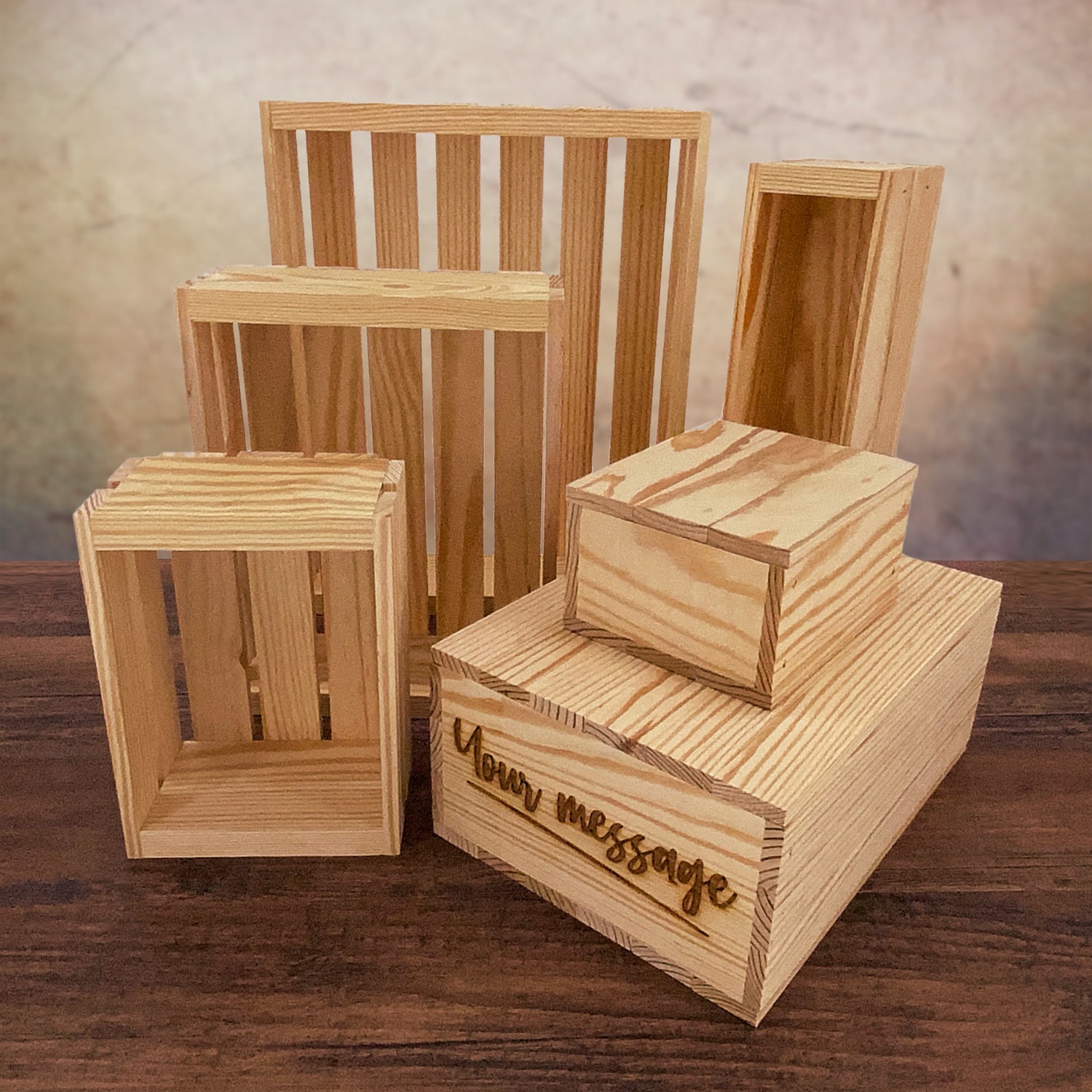 Collection of wooden slat and solid side crates by Carpenter Core