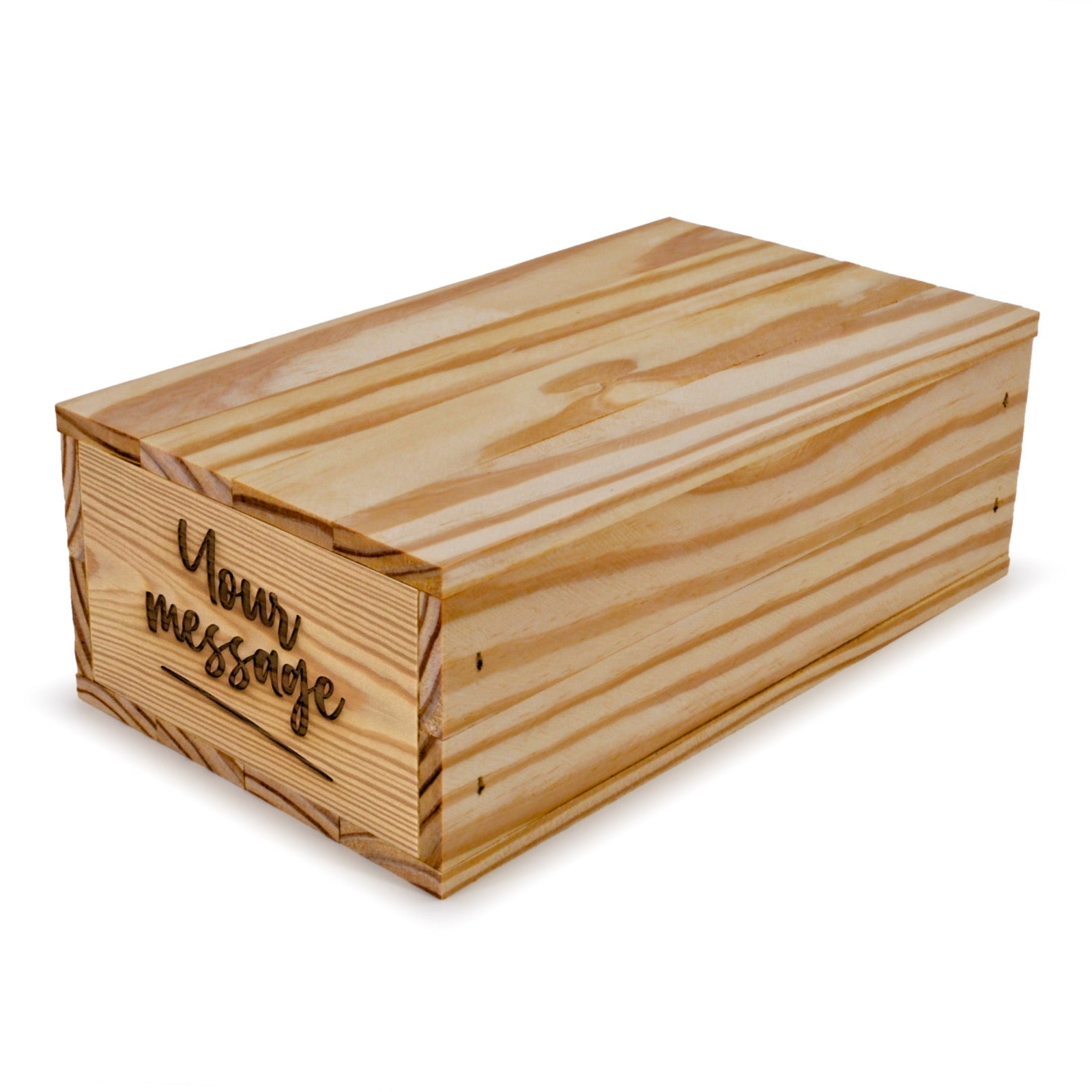 Small wooden crate with lid and custom message 11x6.25x3.5, 6-BX-11-6.25-3.5-ST-NW-LL, 12-BX-11-6.25-3.5-ST-NW-LL, 24-BX-11-6.25-3.5-ST-NW-LL, 48-BX-11-6.25-3.5-ST-NW-LL, 96-BX-11-6.25-3.5-ST-NW-LL