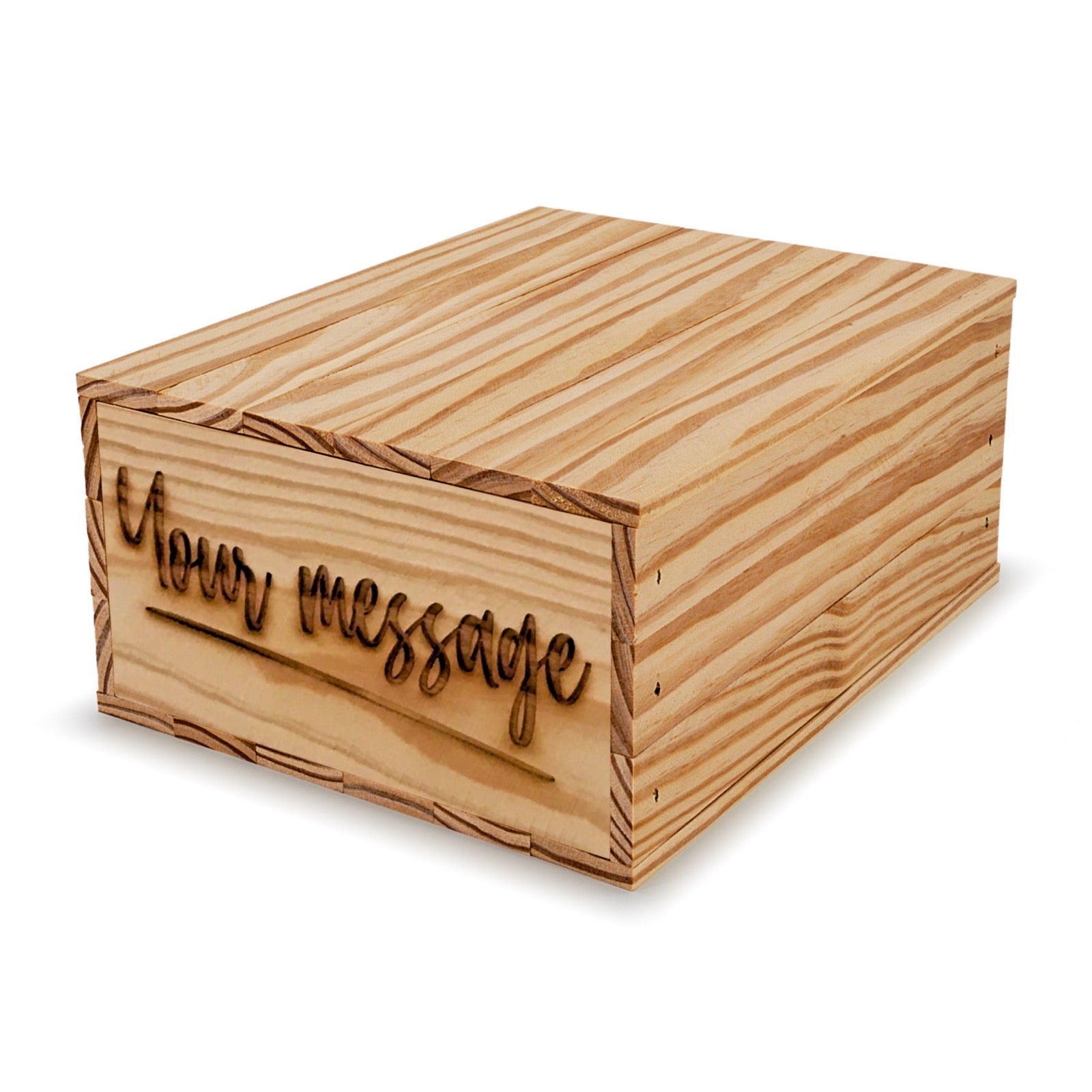 Small wooden crate with lid and custom message 9x8x3.5, 6-BX-9-8-3.5-ST-NW-LL, 12-BX-9-8-3.5-ST-NW-LL, 24-BX-9-8-3.5-ST-NW-LL, 48-BX-9-8-3.5-ST-NW-LL, 96-BX-9-8-3.5-ST-NW-LL