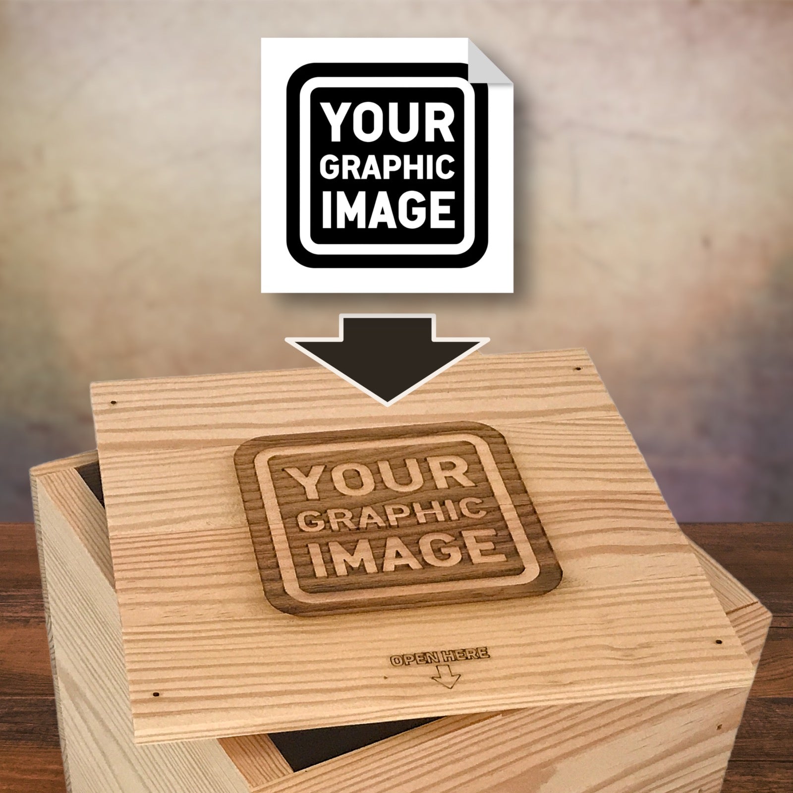 Your graphic image branded on lid of crate by Carpenter Core